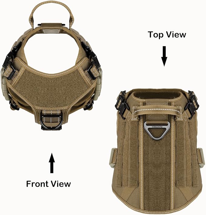 ICEFANG Tactical Dog Harness for Medium Dogs,Reflective No Pull Dog Vest | with Control Handle,Adjustable,Front Hook,2 Leash Clips,Soft Padded,MOLLE Panel,Brown,Medium