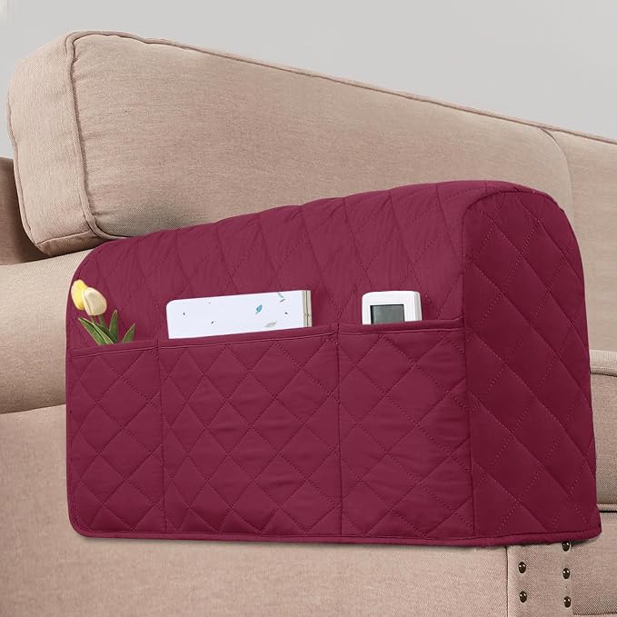 2 Pack Water Resistant Armrest Covers for Chairs and Sofas Couch Arm Covers for Sofa with 3 Pockets for Phone Sofa Arm Protector for Pets, Cats (Wine Red)