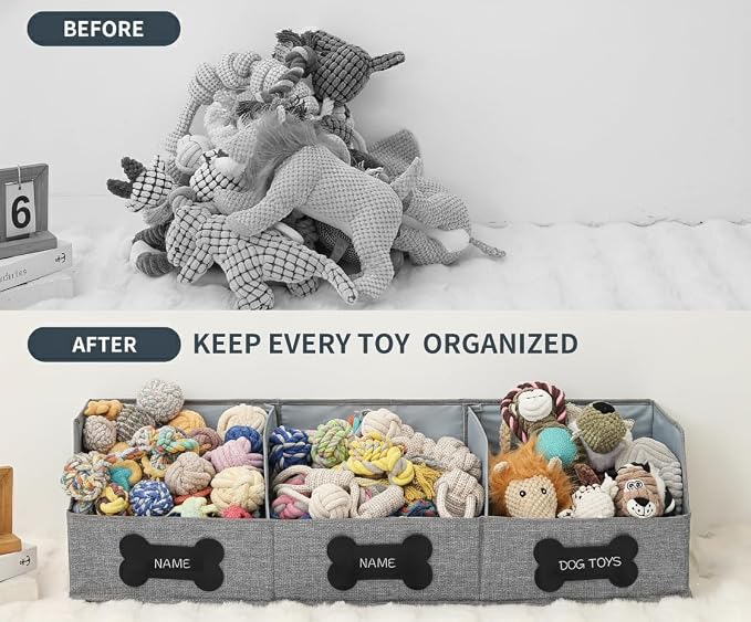 Qozary Large Dog Toy Basket with Diy Tag - Collapsible Dog Toy Bin, Fabric Personalized Pet Toy Box, Trapezoid Storage and Organizer for Pet Supplies