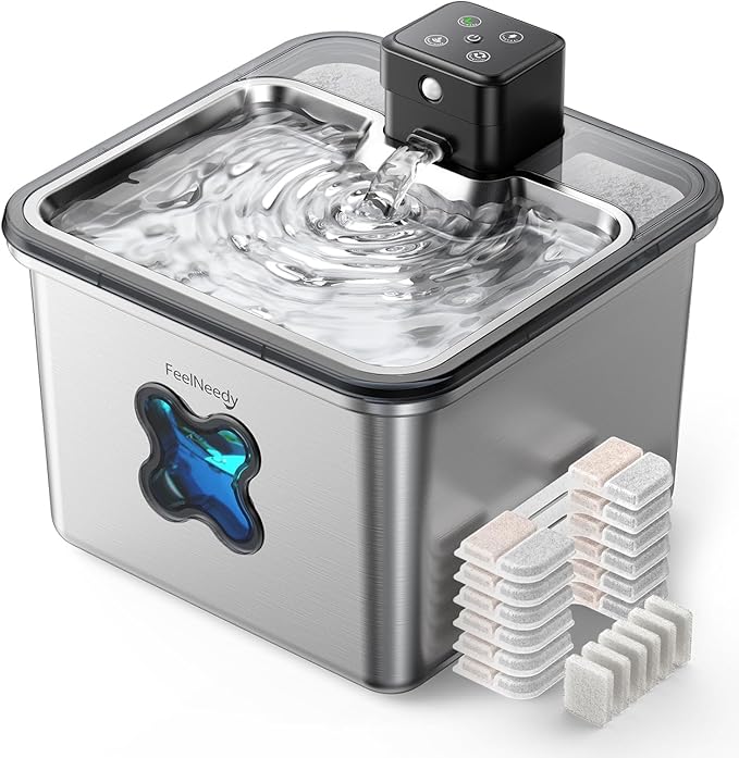 Cat Water Fountain Wireless + 6 Filters: [Visual Filter] & [Heavy-Duty Stainless Steel] FEELNEEDY- Premium, 3.2L/108oz, 4000mAh Battery Operated Pet Fountain with Sensor, for Cats and Dogs
