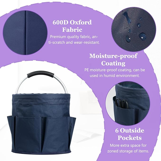 17L Cleaning Caddy with Handle, Portable Shower Caddy in 600D Oxford Fabric, Bucket Tool Organizer with 6 Side Pockets, Collapsible Storage Basket for Cleaning, Camping, Navy Blue
