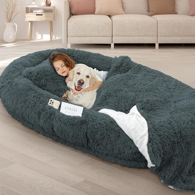 ROOMTEC Human Dog Bed, 78''x51''x12'' Size Fits Adult and Pet Washable Giant People Bed 10 CM Thick Memory Foam Large Oversize Pet Bed with Plump Pillow, Blanket, Strap - Darkgrey