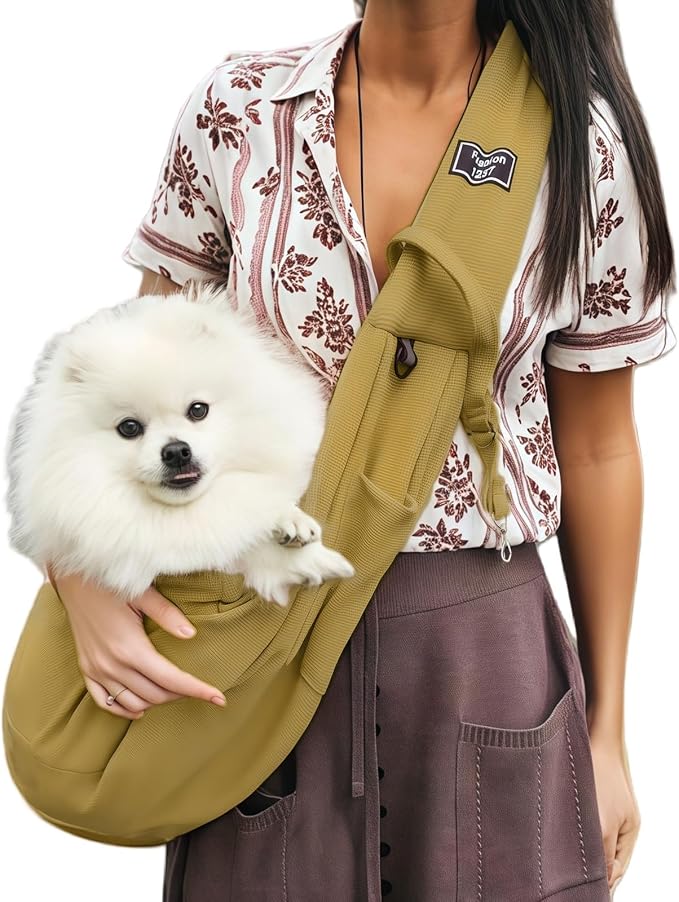 Dog Sling Carrier Soft Breathable for Small Dogs Cats 3-12 lb Khaki | Cat sling & dog carrier sling with safety tether, organizer pocket, soft fabric. Perfect for travel, hiking,outdoor