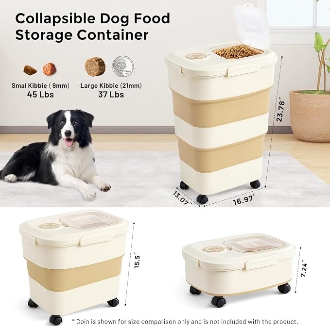 ZOMISIA 40-50lbs Dog Food Storage Container, Large Capacity Collapsible Airtight Pet Food Storage Containers with Rolling Wheels, Transparent Lid, Scoop and Date Track, Khaki