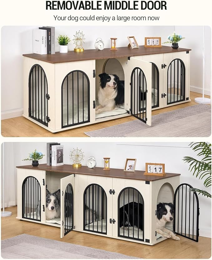 Hzuaneri 70.9" Double Dog Crate Furniture, Dog Kennel Indoor with Cushion | Heavy Duty Dog Crate Furniture for 2 Dogs,Dog Cage End Table TV Stand with Divider for Med-Large Dogs,White Brown DFC81914B