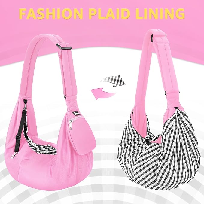 Lukovee Pet Sling, Puppy Small Pet Cat Carrier with Safety Hook | Hands-Free,Padded Strap, Breathable, Adjustable, Storage Pocket, Tote Bag Shoulder Bag with Front Pocket (Pink-WY,L)