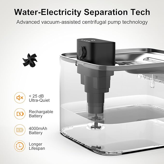 NPET Wireless Cat Water Fountain, 1 Gallon/135oz Pet Fountain with Motion Sensor, 4000mAh Rechargeable Battery Operated＆Stainless Steel Tray, Auto Cordless Water Dispenser with Multi-Filtration Filter