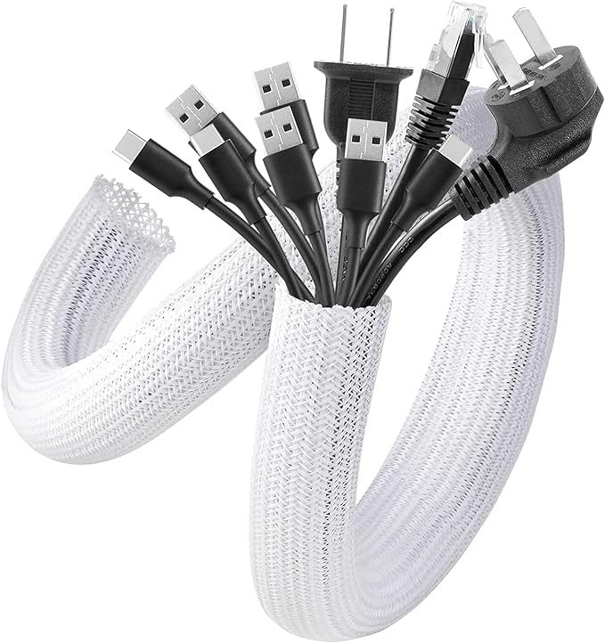 AGPTEK Cable Sleeve, 10ft - 1.5 inch Cable Management Cord Hider, White | Desk Cord Cover Organizer Wire Hider for Office Computer TV Wire Loom Tubing Pet-Proof Cord Protector from Cat Dog Chewing