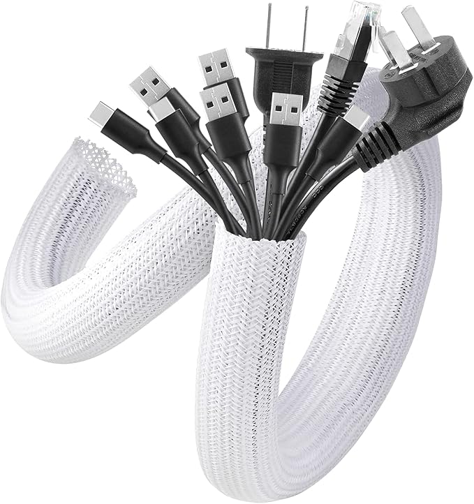 AGPTEK Cable Sleeve, 6.6ft - 1.5 inch Cable Management Cord Hider, White | Desk Cord Cover Organizer Wire Hider for Office Computer TV Wire Loom Tubing Pet-Proof Cord Protector from Cat Dog Chewing