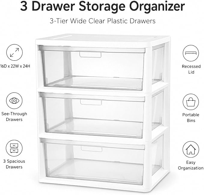 3 Drawer Plastic Storage Tower Wide Organizer for Closet Bedroom (White) | Stackable wide drawers for clothes, toys and crafts. Durable see-through plastic provides quick visibility.