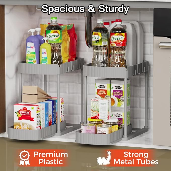 2 Packs Under Sink Pull-Out Storage Organizers, 14.8 Inches, Grey | Multi-Purpose Cabinet Organizers and Storage for Bathroom & Kitchen
