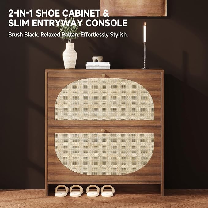 Rattan Arched Accent Shoe Storage Cabinet - Freestanding Ultra Slim for Entryway, 2 Flip Drawers & 3-Tier Adjustable Shelves, Farmhouse Modern Rustic Shoe Rack for Hallway, Foyer, Living Room