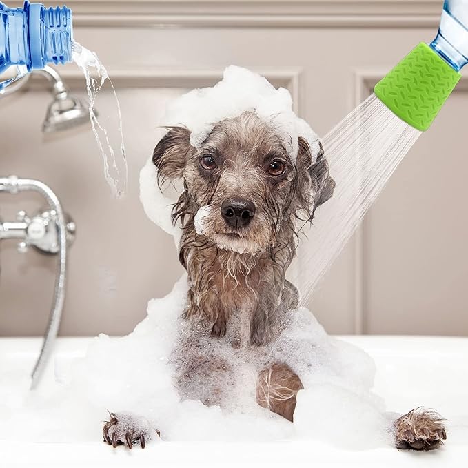 3 Pieces Portable Outdoor Shower for Dogs,Portable Shower Head,Bottle Attachment for Portable Outdoor Shower,Works with Most Plastic Water from 16 oz to 2 Liters (Blue,Green,Orange)
