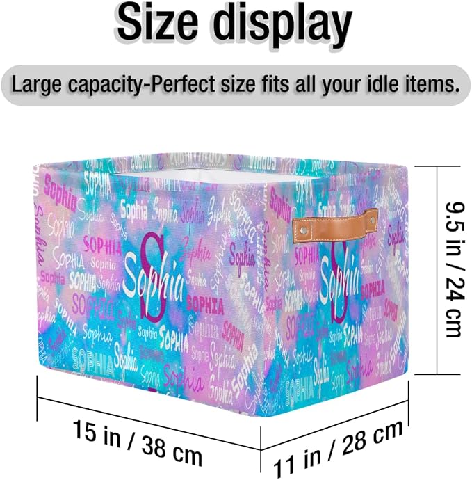 Personalized Storage Bins, Customized Name Storage Basket Rectangle Clothes Organizer for Organizing Kids and Pets Toys Shelf Closet, Blue Pink Galaxy Watercolor