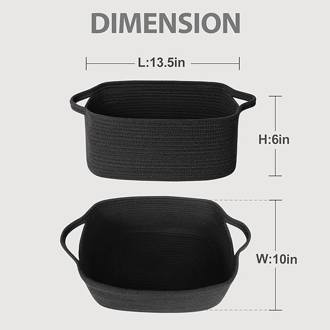 MEGASKET Black Woven Baskets for Organizing, Cotton Rope Baskets for Gifts Empty Medium, Cute Dog Toy Bin Box, Decorative Closet Bathroom Bedroom Storage Organizer, Wicker Black Bin for Towels, Books