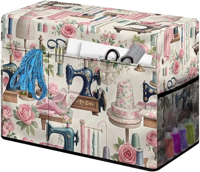 Elegant Sewing Element Sewing Machine Cover,Protective Cover with Side Handle and Sewing Essentials Pockets,Dust & Pet Hair Protection,Fits Standard Singer & Brother Machine