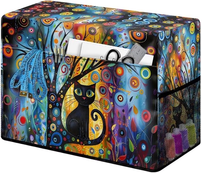 Abstract Art Cat Sewing Machine Cover with Storage Pocket, 17.7 x 8.6 x 12.6 inches, Heavy-Duty Water-Resistant Fabric, Dust & Pet Hair Protection, Fits Brother, Singer, Janome