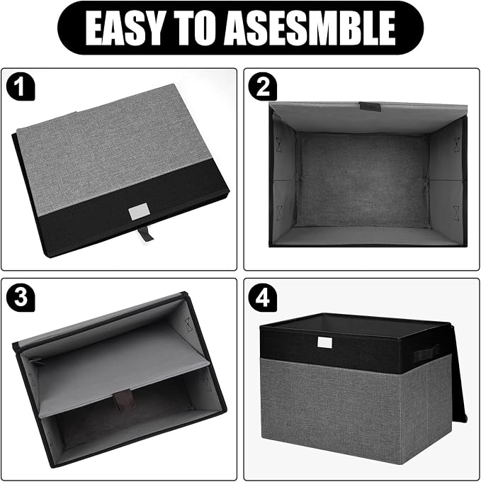 Large 42 Quarts Fabric Storage Bins with Lids [2-Pack] Linen Collapsible Foldable Storage Cubes, Closet Organizer Containers boxes with Handles for Home Office (16.7 x 12 x 12, Black & Gray)