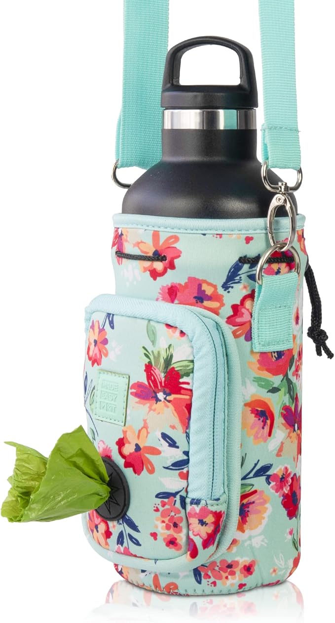 Made Easy Kit Water Bottle Carrier with Pocket for Dog Poop Waste Bags and Adjustable Padded Shoulder Strap (Large (32oz) with Bowl, Teal Floral)