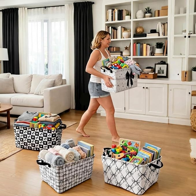 4 Pcs Coquette Black Bow Storage Basket for Gifts Dark Preppy Girly Collapsible Fabric Storage Bins with Handle Foldable Laundry Organizer for Home Bedrooms Baby Clothes Toys Books