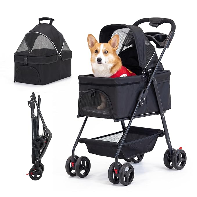 4-Wheel Pet Stroller for Small Medium Dogs Cats, One-Click Foldable | Portable Dog Stroller, Detachable Carrier, Cup Holder & Storage Basket, Safety Tether, Breathable Mesh, Up to 44lbs, Black