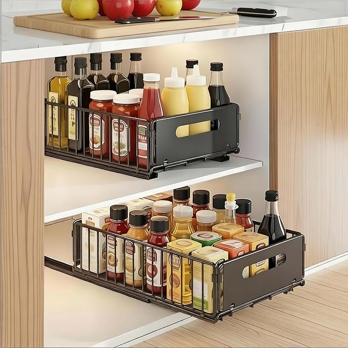 Slide-Out Storage Organizer 9.6"x14.8"x4" Matte Black Rustproof Carbon Steel Pull Out drawer Tray with Adhesive Taps and Screw Installation for Bathroom Cabinet,Under Sink, Dresser