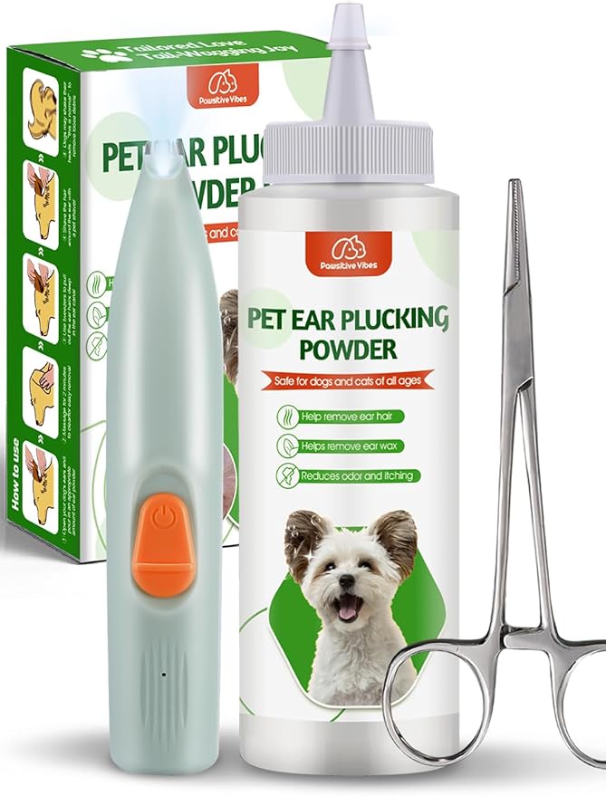 Dog Ear Powder Hair Removal Kit–Safe Grooming Set with 30g Ear Powder, LED Silent Trimmer & 5.5in Tweezers All-in-One Ear Care Solution for Dogs &Cats,Odor Control & Hygiene Support, Home Grooming Kit