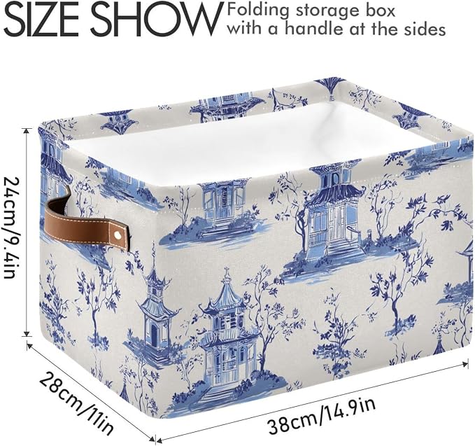 susiyo Large Closet Storage Bin Pagodas Chinoiserie Fabric Storage Baskets Collapsible Decorative Baskets Organizing Basket Bin with PU Handles for Shelves Home Closet Bedroom Living Room-2Pack