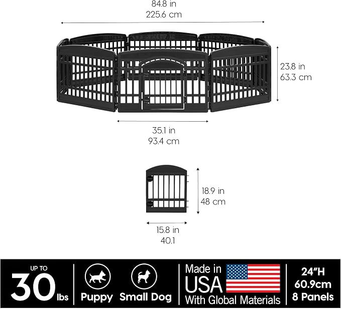 IRIS USA 8-Panel Dog Playpen with Door, Pet Enclosure, Black | Heavy Duty Plastic, Multiple Pets, Indoor Outdoor, Portable, Large Play Area, Easy Assembly