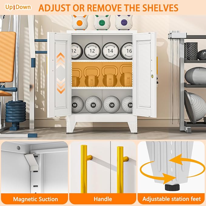 Small Metal Storage Cabinet, Lockable Tool Cabinet with Doors and 2 Shelves | Compact 23.6-Inch Width, 2 Adjustable Shelves, Locking Doors, Magnetic Closure, Adjustable Feet, Cold-Rolled Steel