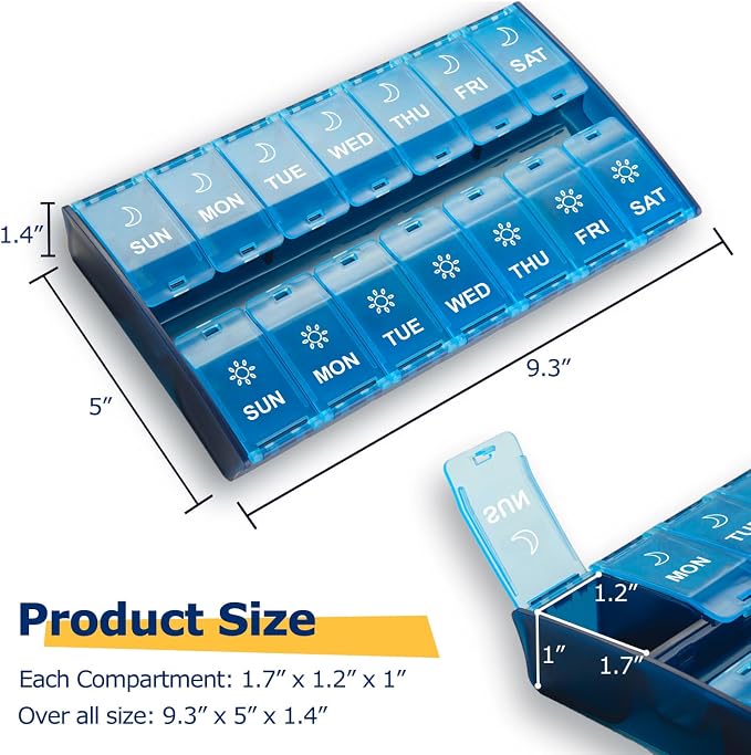 Mossime XL Pill Organizer 2 Times a Day, 7 Day Am Pm Pill Box | Hinged Lids, Am Pm, Big Pill Container 7 Day, Medication Organizer Twice a Day, For Supplement