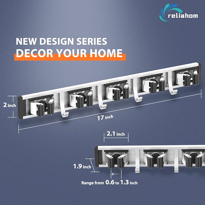 reliahom Broom Holder Wall Mount Mop Hanger Tools organizer 5Racks4Hooks,2P | Adjustable Mop Broom Wall Hanging Heavy Duty Tools Storage Rack Space-saving for Garage,Kitchen,Laundry Room,Garden, Black