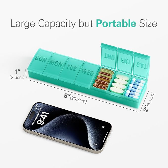Barhon Pill Organizer Large, Weekly Pills Organizer Pill Box, Medicine Pill Organizer Travel, 7 Day Pill Case for Big Vitamins Supplements Fish Oil, Green