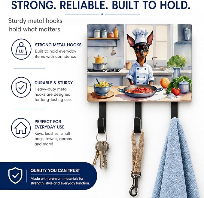 Caroline's Treasures Miniature Pinscher The Chef Leash or Key Holder Wall Hooks, Key Hooks Holder, Coat Rack Wall Mount, Coat Hooks, Hooks for Hanging Keys, Towels, Aprons, Leashes | Miniature Pinscher The Chef artwork on ceramic tile with three steel ...