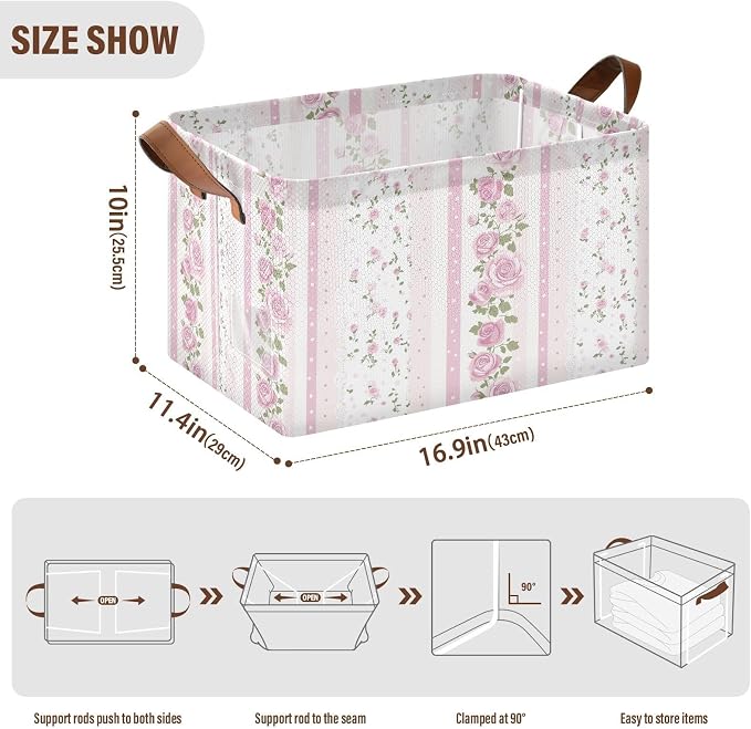 Pink and White Striped Rose Floral Storage Basket Foldable Cube Storage Bin with Handles&Label Collapsible Organizer Box Bin Large Rectangle Decorative Basket for Shelve Home Living Room Closet, 2 PC