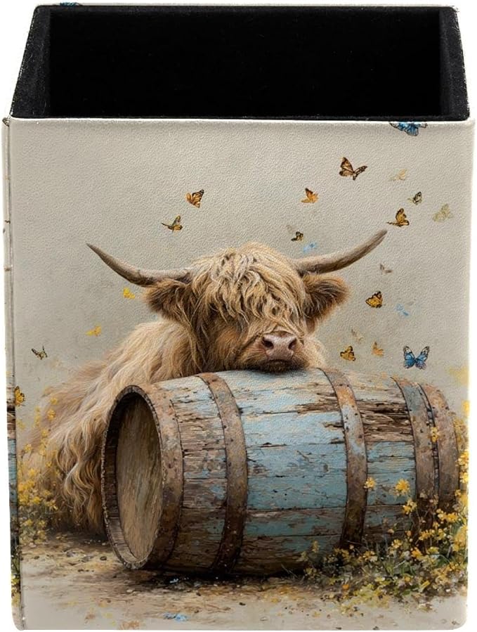 Highland Cow Pen Holder for Desk Decor, Rectangular PVC Leather Pencil Cup for Desk Pen Organizer, Makeup Brush Holder for School, Home, Office