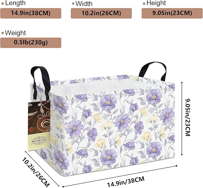 Rectangle Foldable Storage Basket Handles For Home, Purple Flowers | Waterproof canvas material, reinforced handles, perfect for shelf use, organizes clothes, daily items and pet supplies