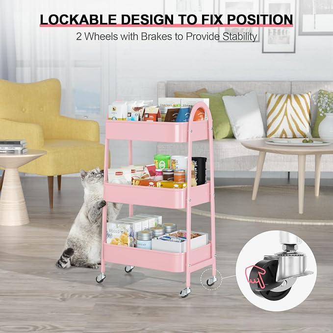 3 Tier Utility Rolling Cart, Metal Storage Cart with Handle and Lockable Wheels, Multifunctional Storage Organizer Trolley with Mesh Baskets for Kitchen, Living Room, Office, Garage (Pink)