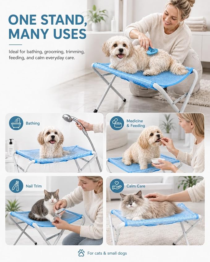 Foldable Pet Bathing Stand, Dog Grooming Hammock with Quick-Dry Mesh, 44 lb | Portable Shower Stand & Sling for Small Dogs & Cats, Steel Frame, 8-Hole Support, Hands-Free Grooming, Folds Flat, Holds 44lb