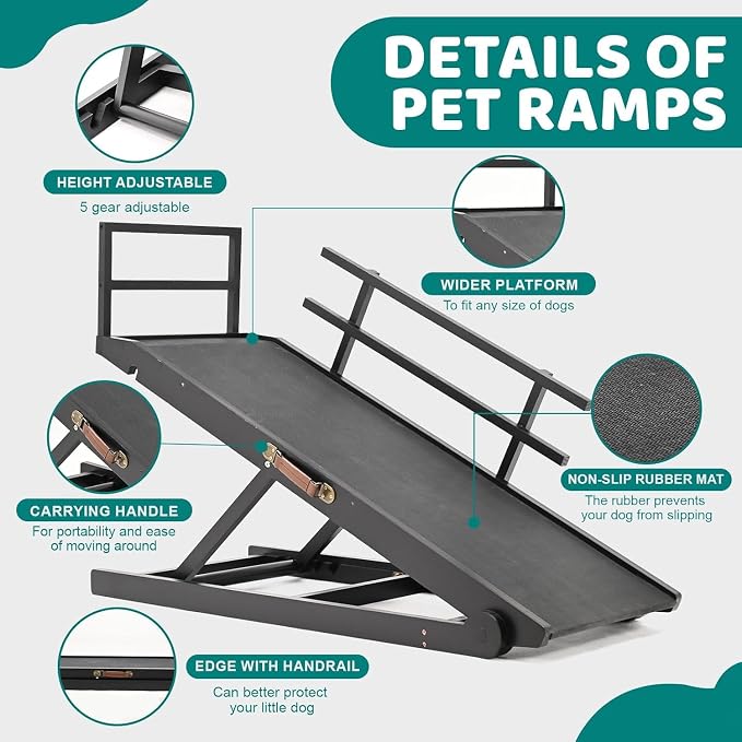 Dog Ramp for Bed & Couch, Foldable Wooden Pet Ramp, 5 Adjustable Heights | Height up to 23.5", Portable Dog Ramp with Non-Slip Rubber Surface & Safety Railings, Pet Ramp for Small, Large, Senior Dogs
