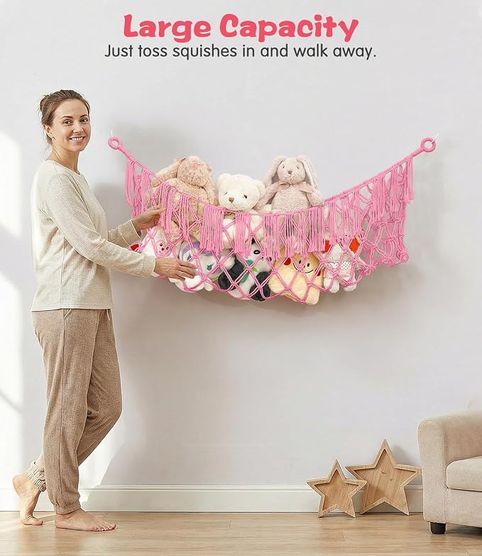 Stuffed Animal Net Hammock, Save Space Eliminate Clutter (Pink) | Premium Cotton Hand-knitted plush hammock, Boho Stuffed Animal Storage for Nursery, Bedroom Decor, playrooms