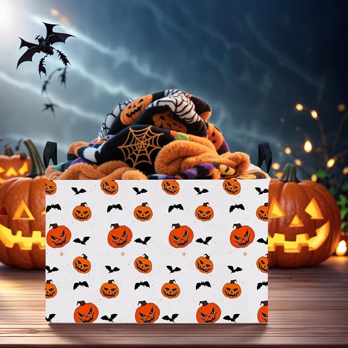Large Halloween Basket Gift Personality Pumpkin Ghost Parties Decor Kid Trick or Treat Basket for Boys and Girls Rectangular Storage Bin Box (Pumpkin Bat)