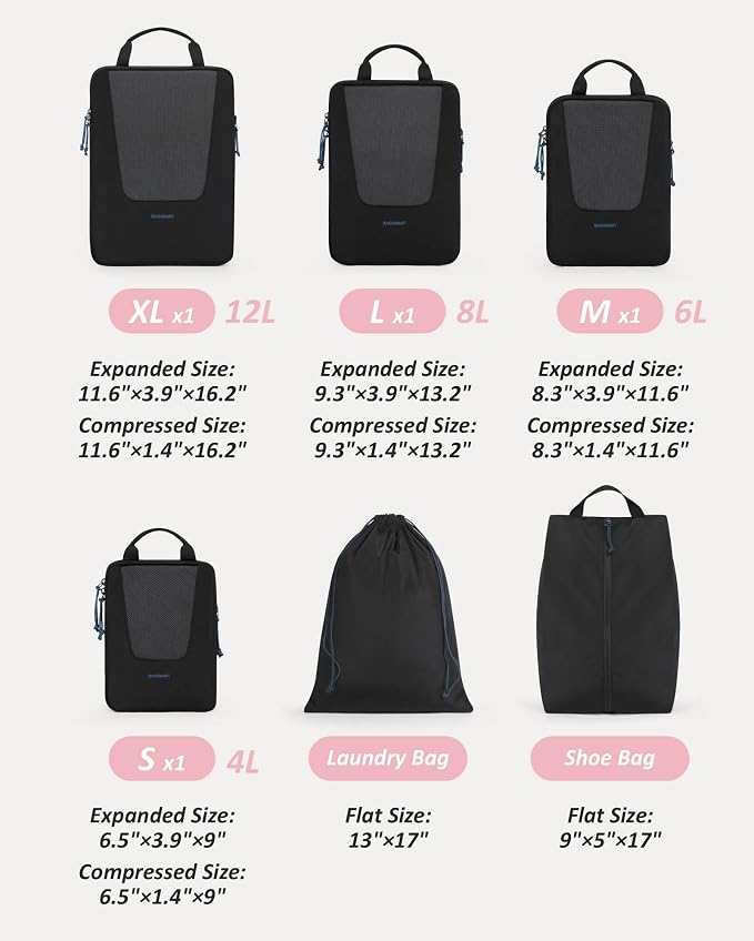 Bagsmart Compression Packing Cubes, Travel Bag Cruise Ship Essentials | Lightweight, Compressible Suitcase Organizer Set fit Standard Carry-On & Checked Luggage, 6 Set, 14 Set Washable Packing Bags
