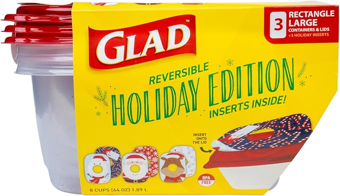 Glad GladWare Holiday Food Storage Containers, Large Rectangle, 48 Oz, 3 Ct | BPA-free plastic, reversible gift tags included, microwave, freezer, and dishwasher safe, 64 oz, gifting