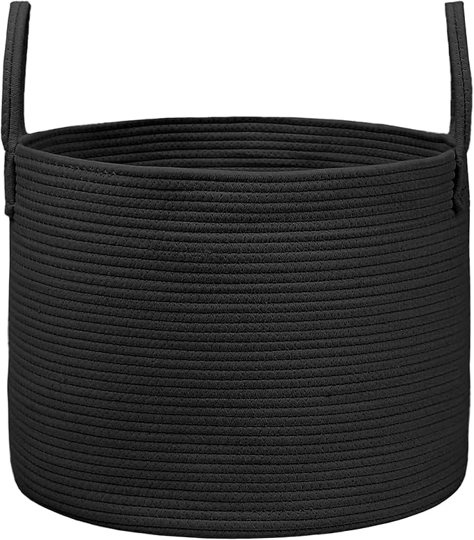 JMvicyroam 115L Extra Large Machine Washable Cotton Rope Blanket Basket | Collapsible laundry hamper, Reinforced handles, For blankets, pillows, toys and clothes, Living room and bedroom, Black