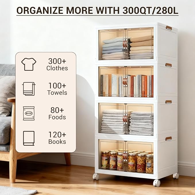 White 320 QT Large Stackable Storage Cabinet, 4-Tier Collapsible Storage Bins with Magnetic Doors & Wheels, XX-Large Plastic Organizer for Closet, Bedroom, Kitchen & Office, Total 80 QT per Tier