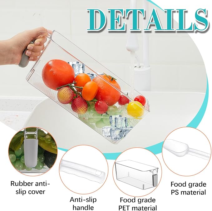 Havawish Ice Storage Bin and Flexible Scoop Set Plastic Freezer Bin | Freezer Ice Bin Scoop, Clear Bucket Container, Pull Handle, Flexible Storage, 10.83 X 4.92 X 4.33 in