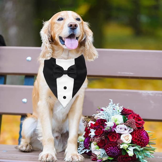 GOYOSWA Dog Tuxedo Suit Wedding Bandana Collar with Bow Tie, Adjustable Formal Dog Tux Engagement Birthday Tuxedo for Large X-Large Dogs Pets (X-Large: Neck 21"-30") (Pack of 2)