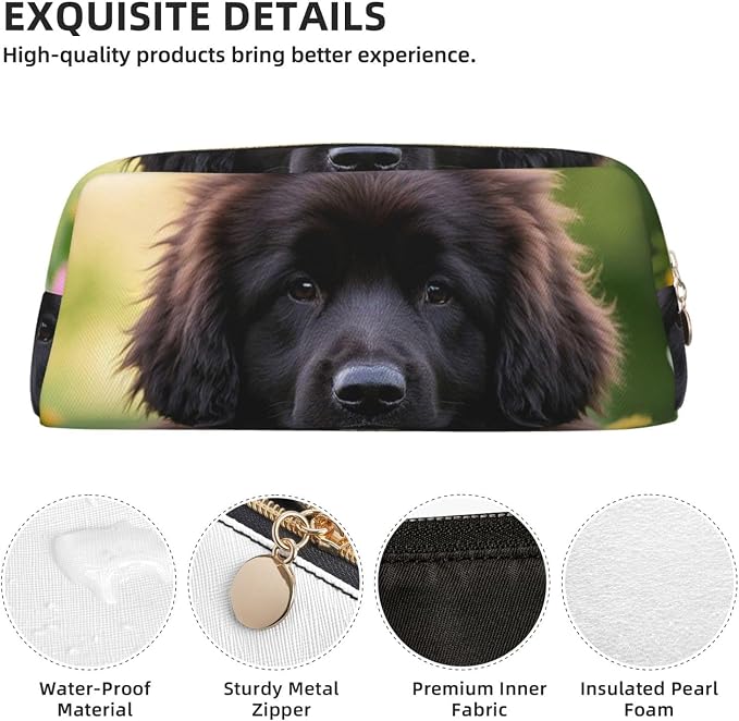 PU Leather Pencil Case Cosmetic Pencil Bags Makeup Pouch with Zipper | Cute Pet Newfoundland Dog Pen Pouch Portable Cosmetic Organizer Bag For Office Woman Man