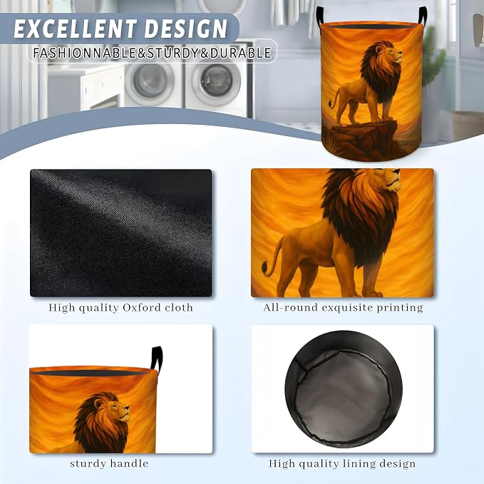 Majestic Lion Laundry Basket, Golden Mountain Rock Cliff Storage Hamper, Round Collapsible Waterproof Cloth Bin, 19.7x15.7 Inch Wildlife Art Clothes Organizer Gifts for Bathroom Decor